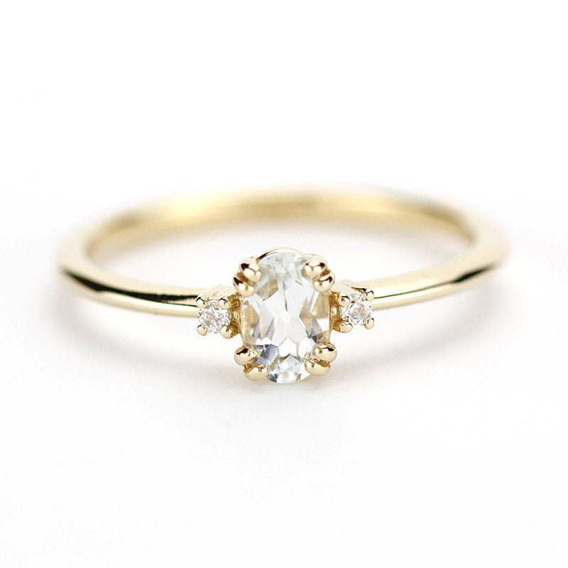 oval engagement ring with side stones unique, white topaz and diamond engagement ring - NOOI JEWELRY