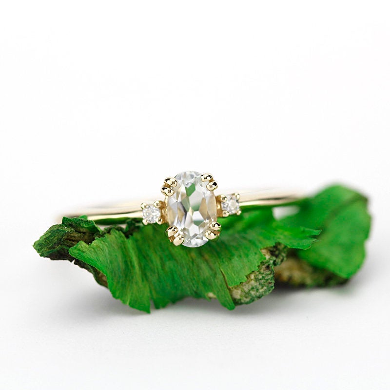 oval engagement ring with side stones unique, white topaz and diamond engagement ring - NOOI JEWELRY