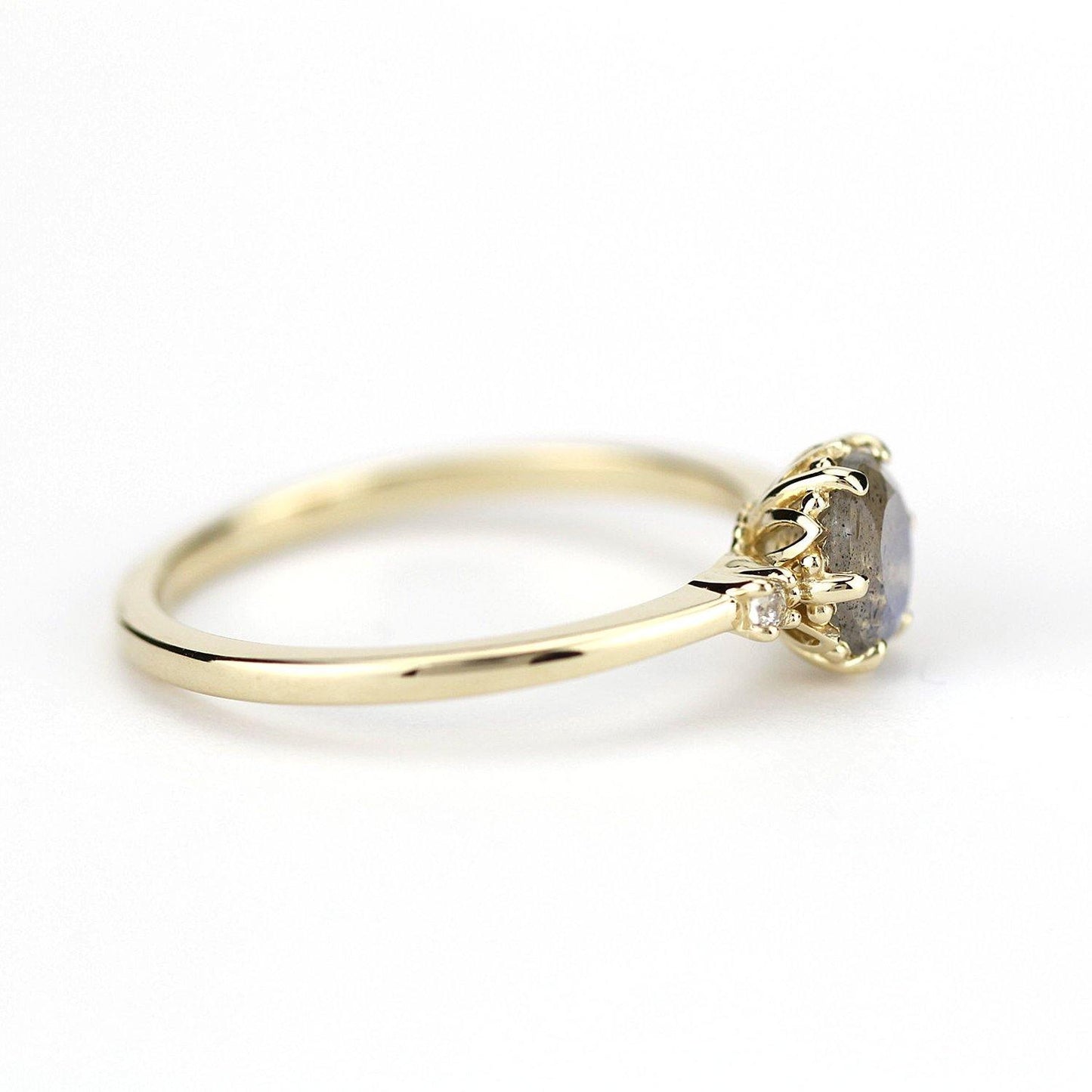 delicate engagement ring three stone ring labradorite and diamond 18k gold - NOOI JEWELRY