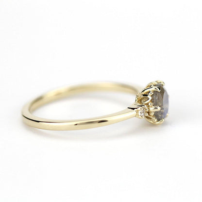 delicate engagement ring three stone ring labradorite and diamond 18k gold - NOOI JEWELRY