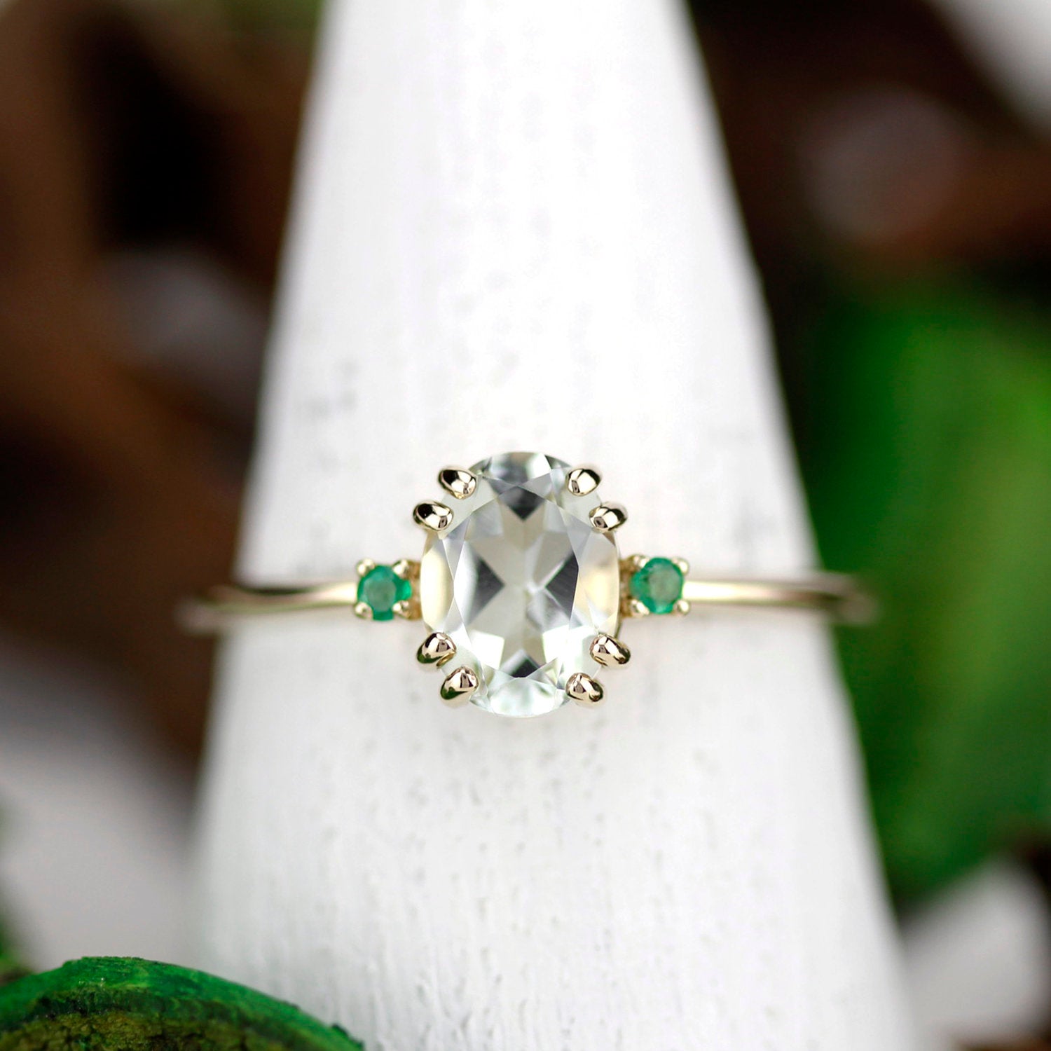 Green amethyst engagement ring oval, three stone ring Amethyst and emeralds - NOOI JEWELRY