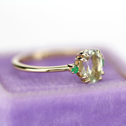 Green amethyst engagement ring oval, three stone ring Amethyst and emeralds - NOOI JEWELRY