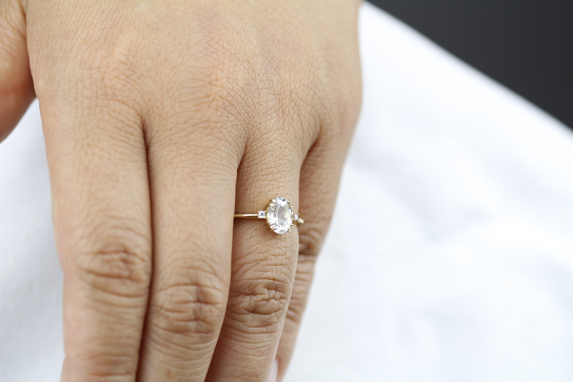 Green amethyst engagement ring oval, three stone ring Amethyst and emeralds - NOOI JEWELRY