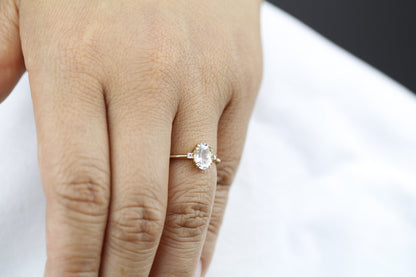 Green amethyst engagement ring oval, three stone ring Amethyst and emeralds - NOOI JEWELRY