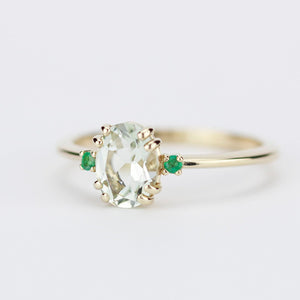 Green amethyst engagement ring oval, three stone ring Amethyst and emeralds - NOOI JEWELRY