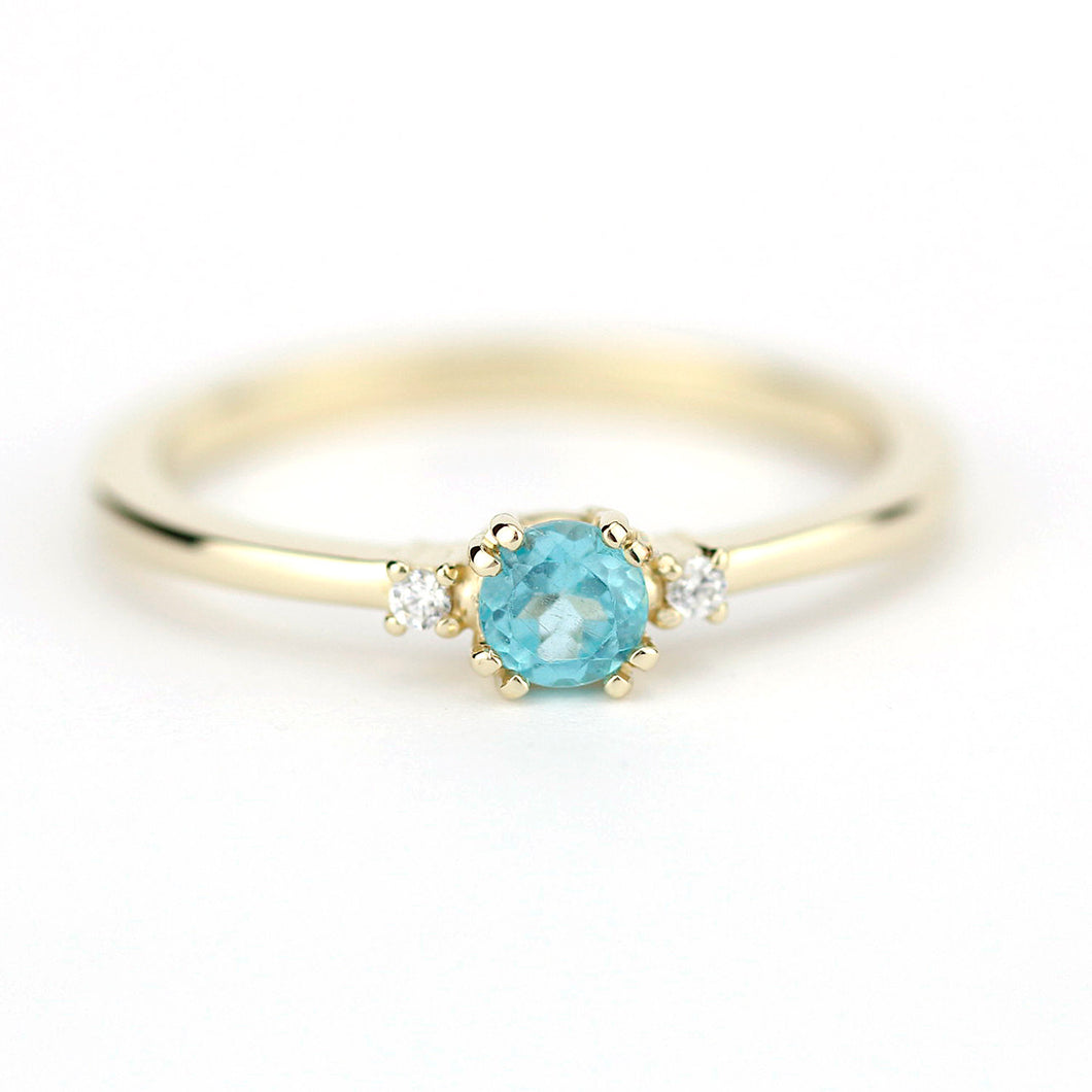 Simple Engagement ring apatite and diamonds, three stone ring diamond and apatite - NOOI JEWELRY