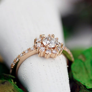 round engagement ing with halo and side stones | rose gold engagement ring round - NOOI JEWELRY