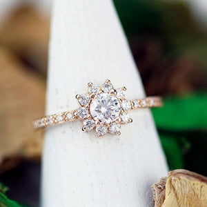 round engagement ing with halo and side stones | rose gold engagement ring round - NOOI JEWELRY