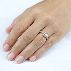 round engagement ing with halo and side stones | rose gold engagement ring round - NOOI JEWELRY