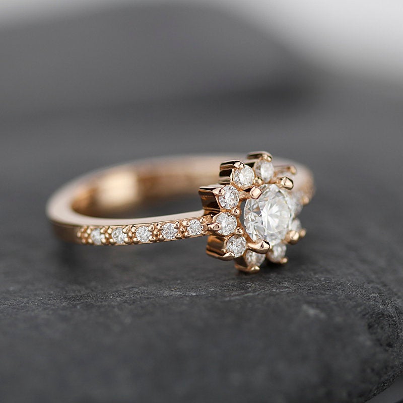 round engagement ing with halo and side stones | rose gold engagement ring round - NOOI JEWELRY