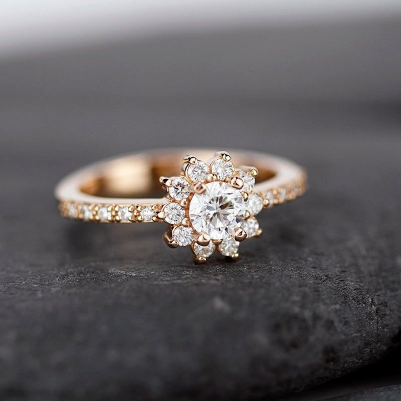 round engagement ing with halo and side stones | rose gold engagement ring round - NOOI JEWELRY