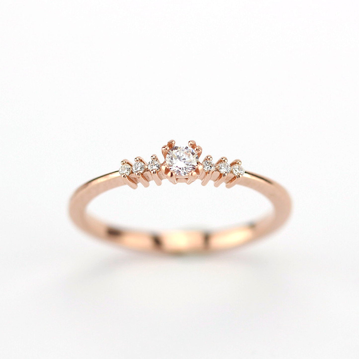 Rose gold engagement ring simple round | Small diamond cluster engagement ring - NOOI JEWELRY