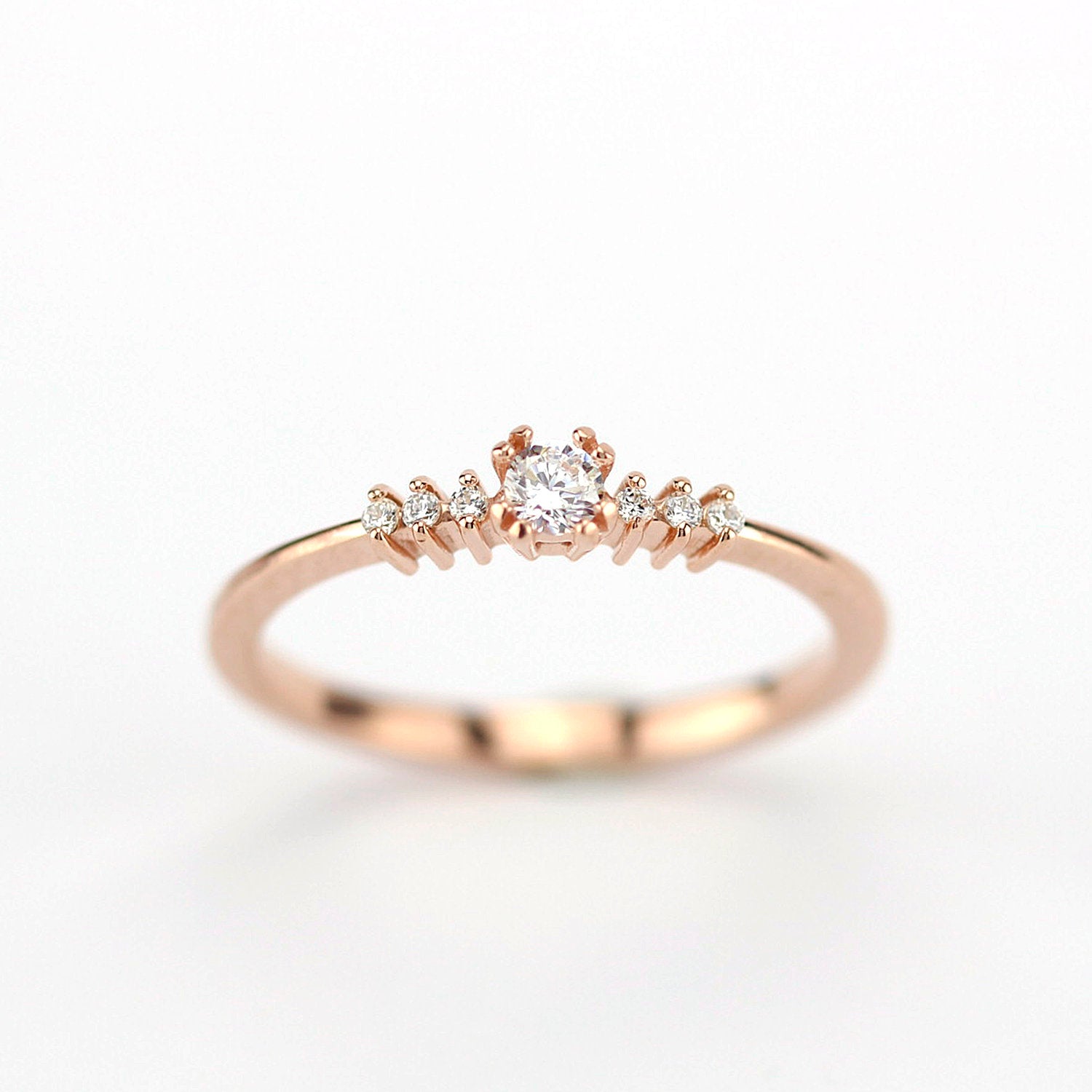 Rose gold engagement ring simple round | Small diamond cluster engagement ring - NOOI JEWELRY