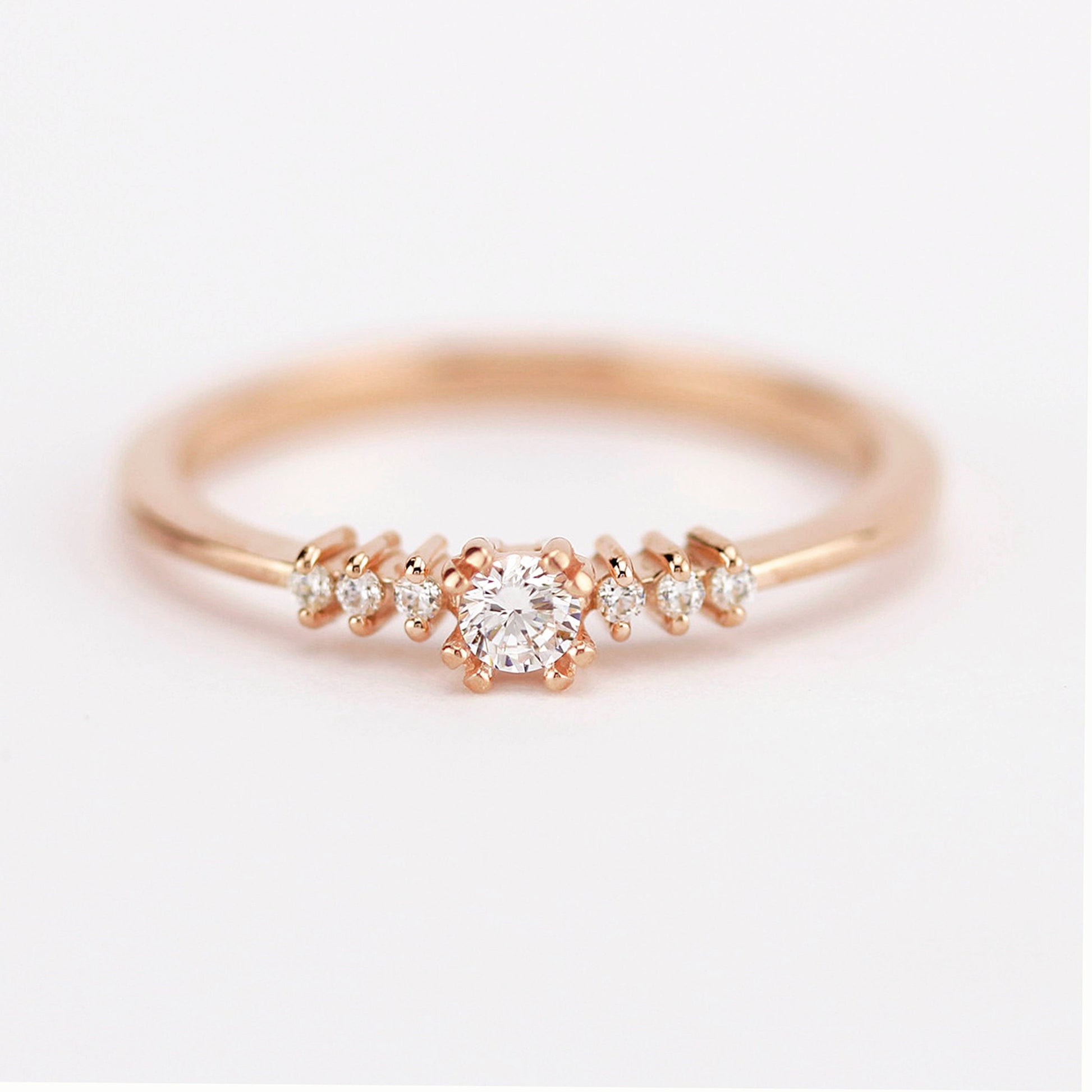Rose gold engagement ring simple round | Small diamond cluster engagement ring - NOOI JEWELRY