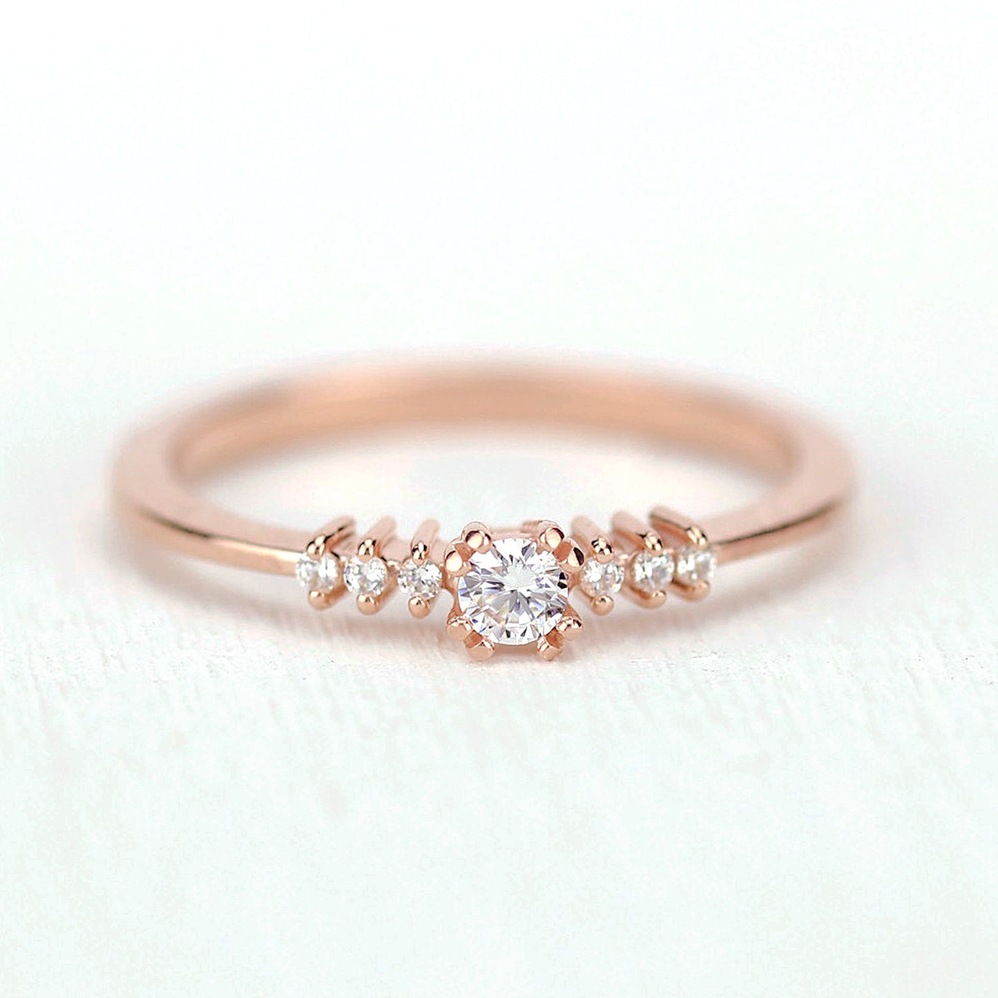 Rose gold engagement ring simple round | Small diamond cluster engagement ring - NOOI JEWELRY