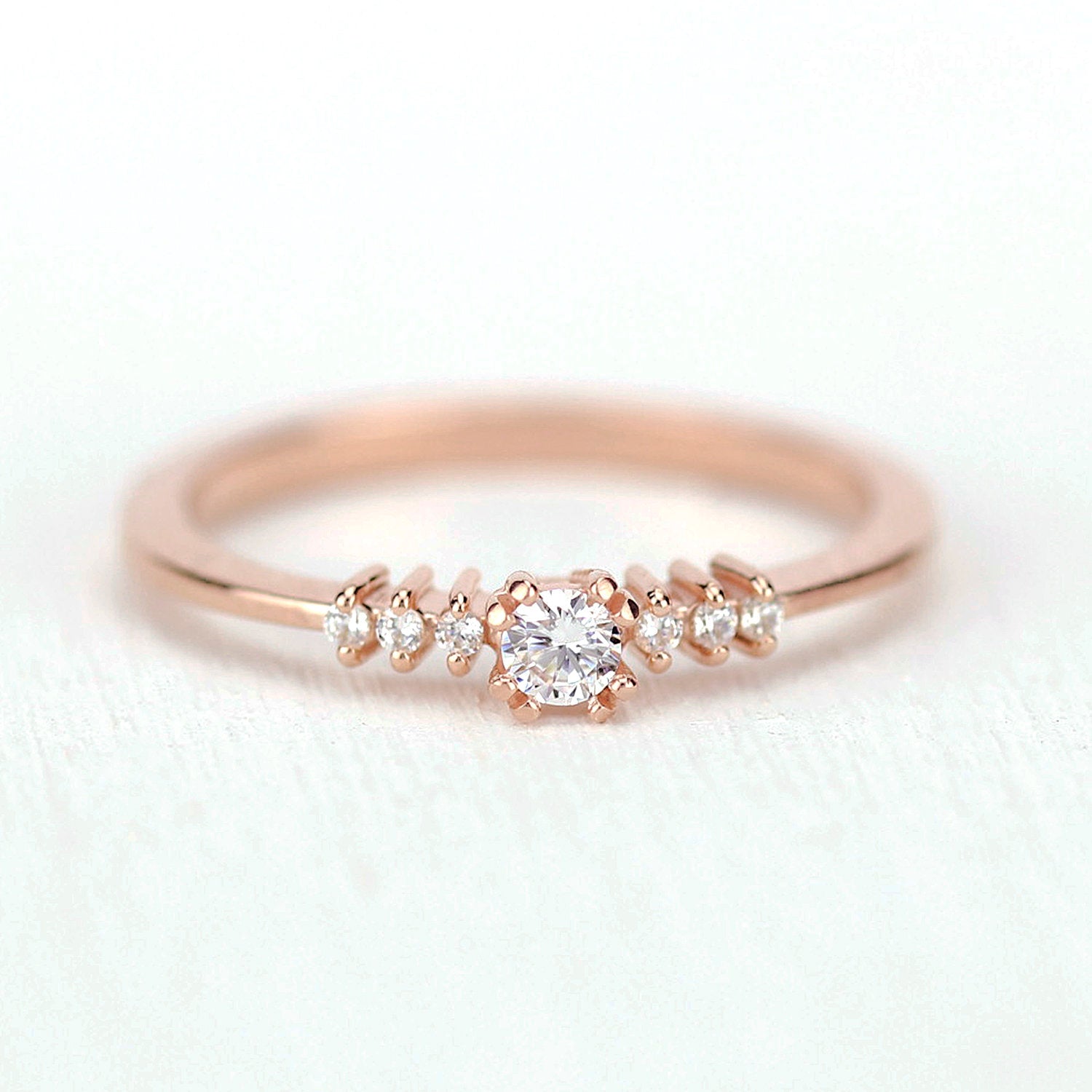 Rose gold engagement ring simple round | Small diamond cluster engagement ring - NOOI JEWELRY