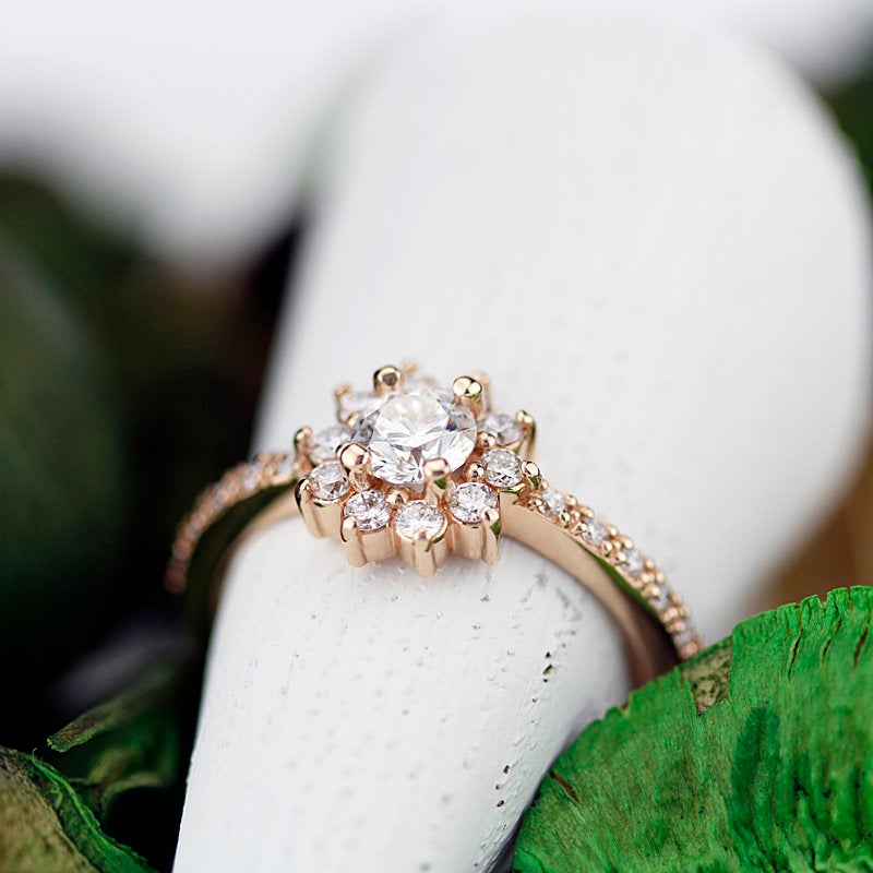 round engagement ing with halo and side stones | rose gold engagement ring round - NOOI JEWELRY