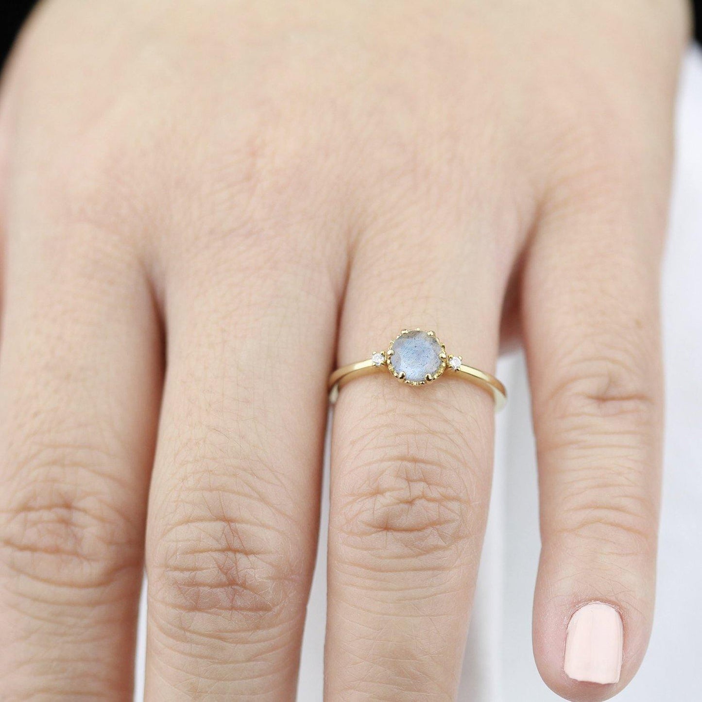 delicate engagement ring three stone ring labradorite and diamond 18k gold - NOOI JEWELRY