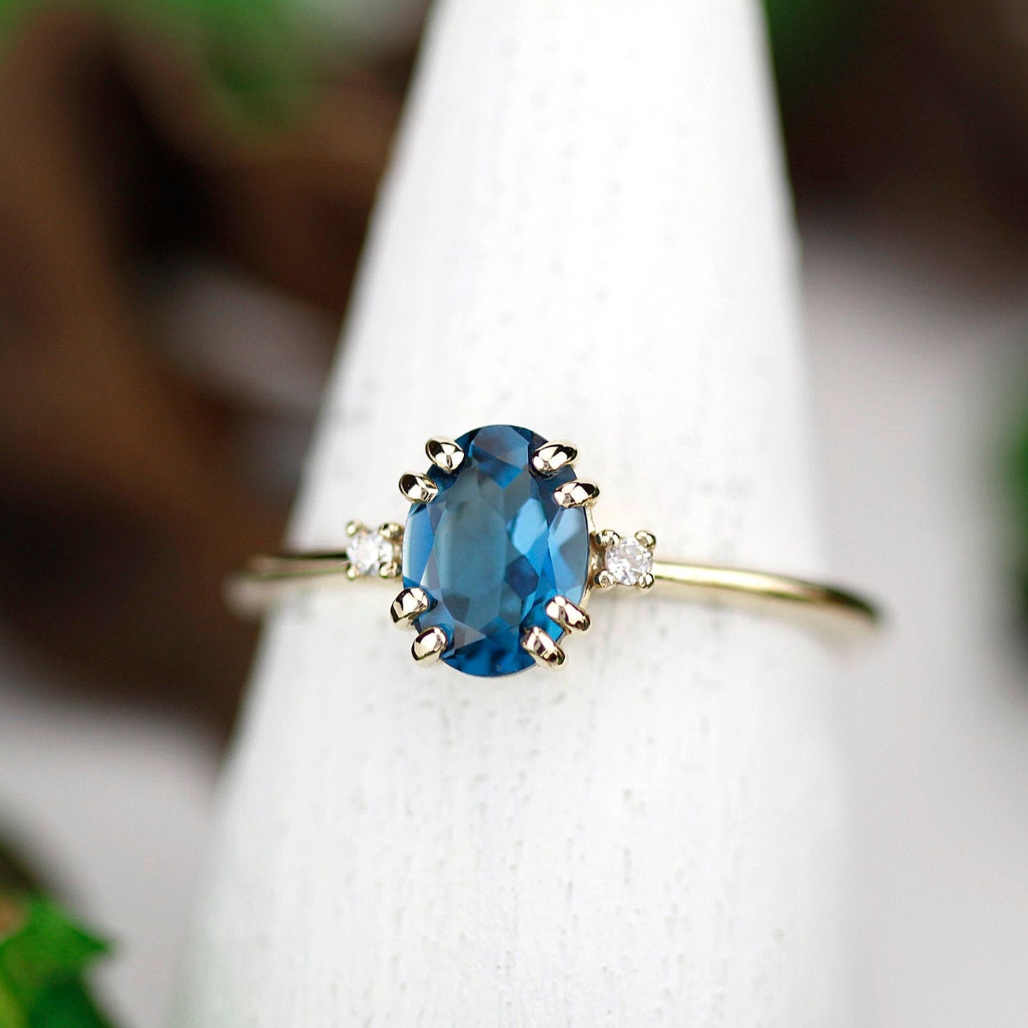 London blue topaz engagement ring oval, oval engagement ring 18k gold - NOOI JEWELRY
