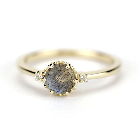 delicate engagement ring three stone ring labradorite and diamond 18k gold - NOOI JEWELRY