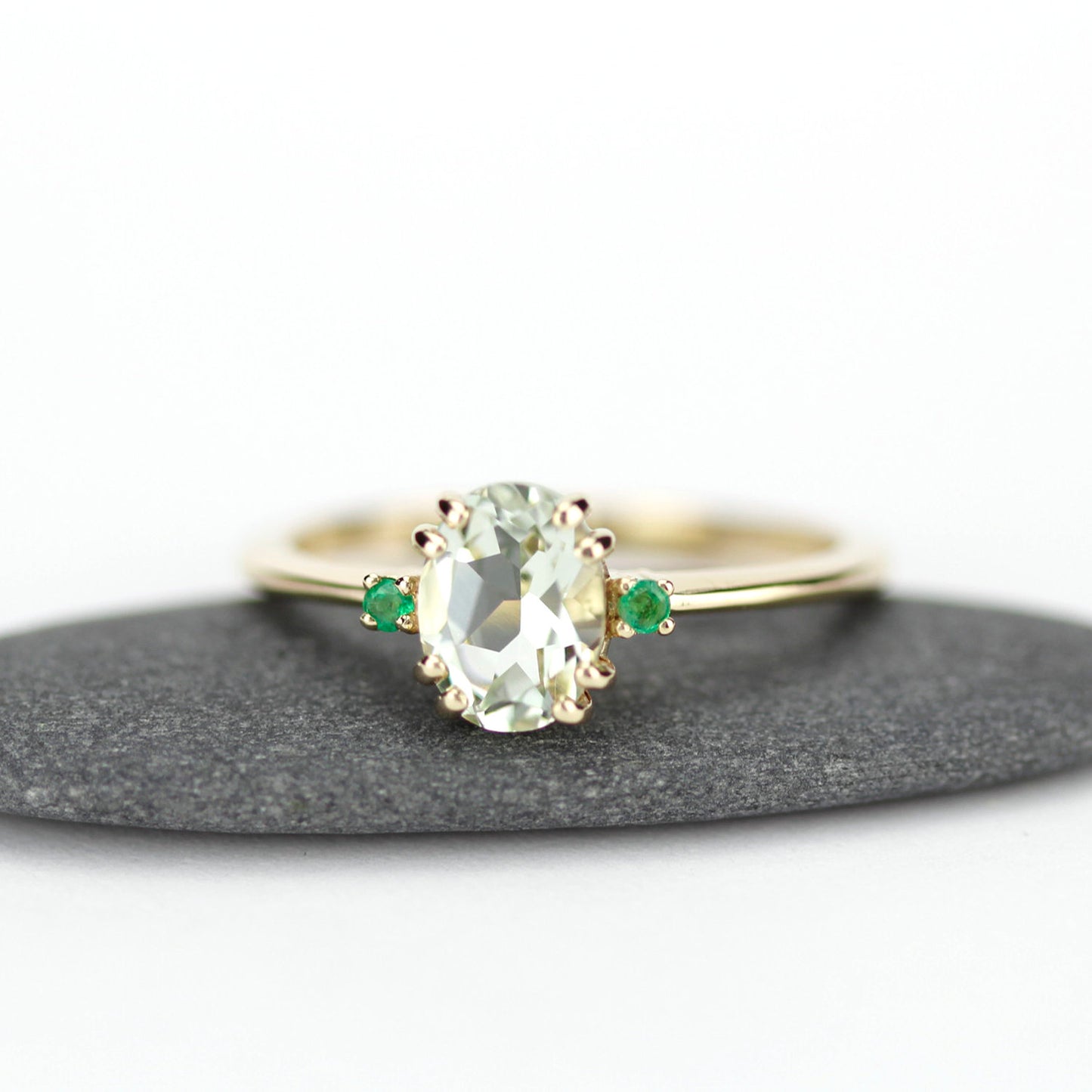 Green amethyst engagement ring oval, three stone ring Amethyst and emeralds - NOOI JEWELRY