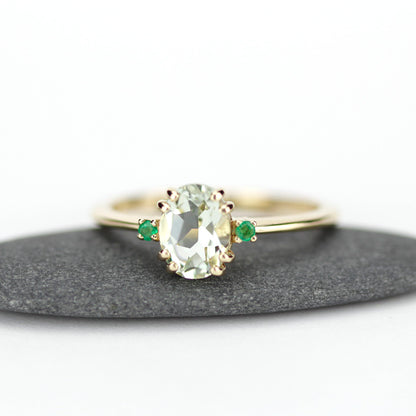 Green amethyst engagement ring oval, three stone ring Amethyst and emeralds - NOOI JEWELRY