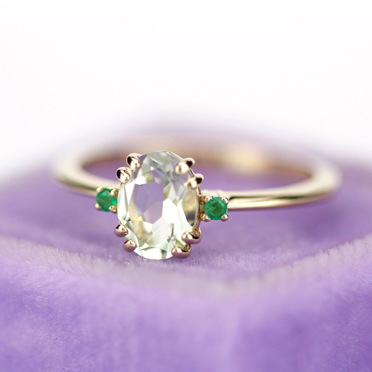 Green amethyst engagement ring oval, three stone ring Amethyst and emeralds - NOOI JEWELRY