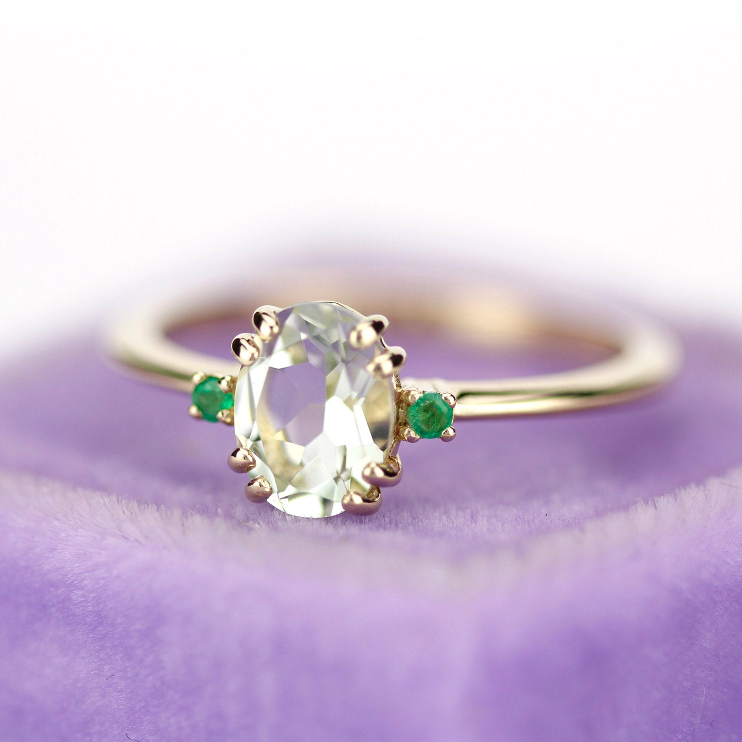 Green amethyst engagement ring oval, three stone ring Amethyst and emeralds - NOOI JEWELRY