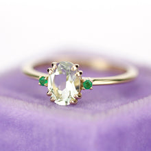 Load image into Gallery viewer, Green amethyst engagement ring oval, three stone ring Amethyst and emeralds - NOOI JEWELRY