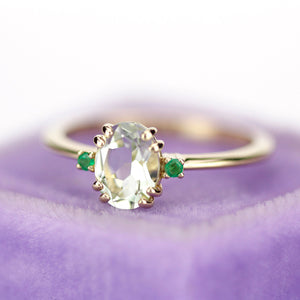 Green amethyst engagement ring oval, three stone ring Amethyst and emeralds - NOOI JEWELRY