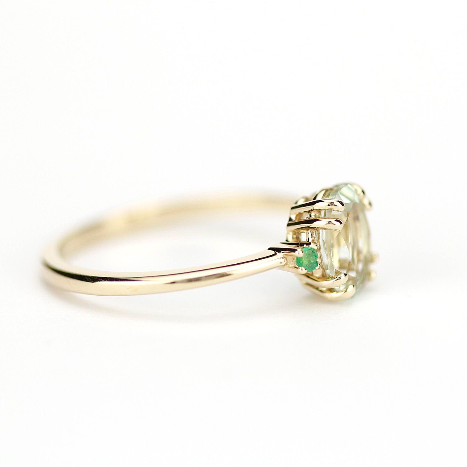 Green amethyst engagement ring oval, three stone ring Amethyst and emeralds - NOOI JEWELRY