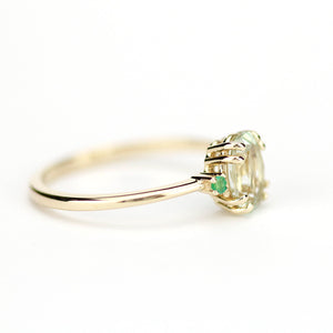 Green amethyst engagement ring oval, three stone ring Amethyst and emeralds - NOOI JEWELRY