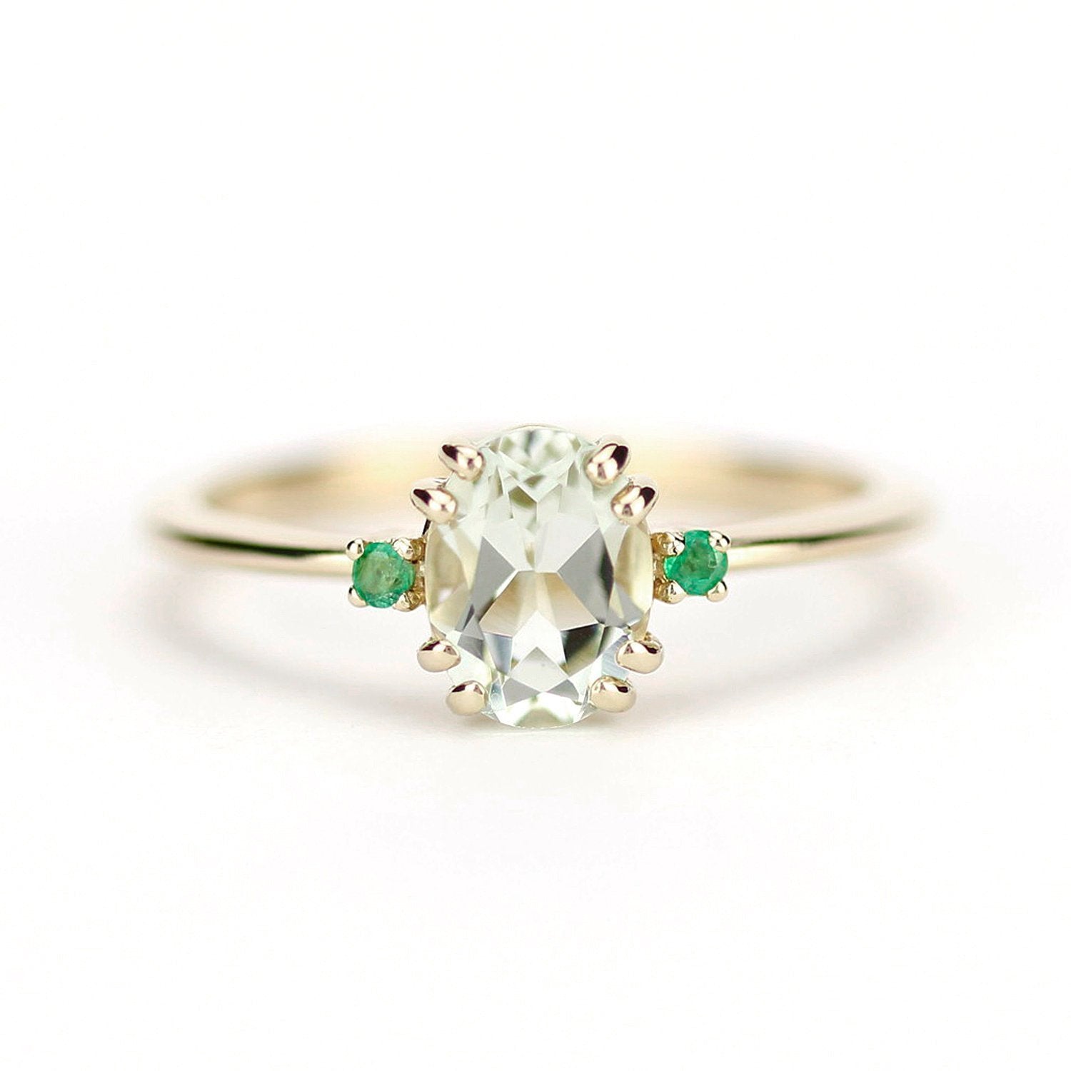 Green amethyst engagement ring oval, three stone ring Amethyst and emeralds - NOOI JEWELRY