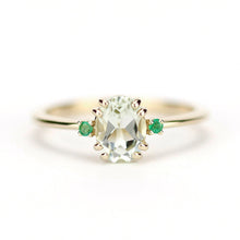 Load image into Gallery viewer, Green amethyst engagement ring oval, three stone ring Amethyst and emeralds - NOOI JEWELRY