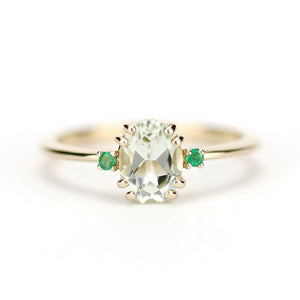 Green amethyst engagement ring oval, three stone ring Amethyst and emeralds - NOOI JEWELRY