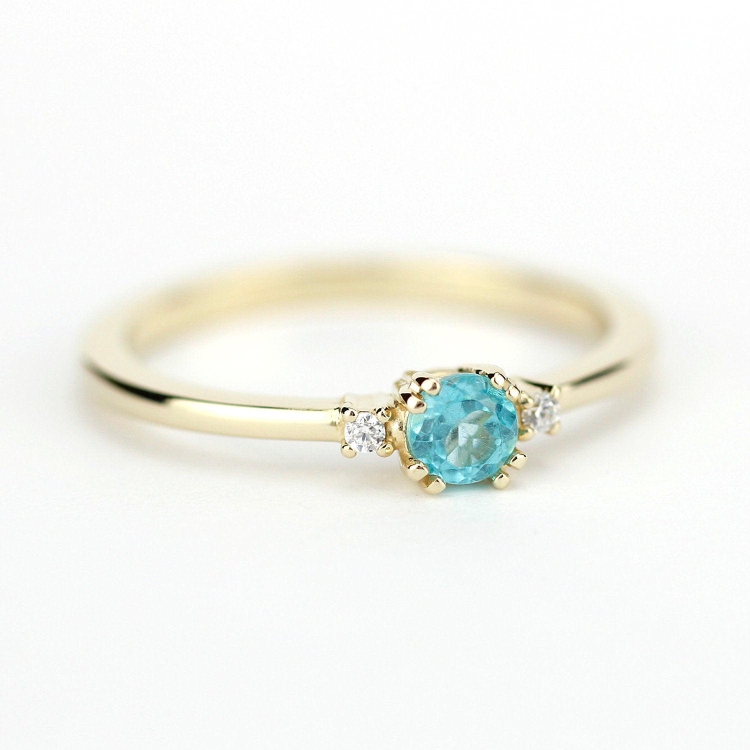 Simple Engagement ring apatite and diamonds, three stone ring diamond and apatite - NOOI JEWELRY