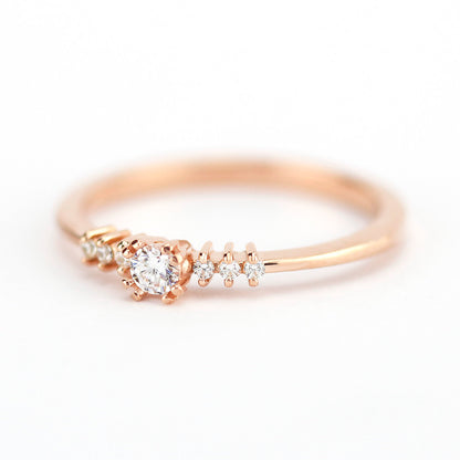 Rose gold engagement ring simple round | Small diamond cluster engagement ring - NOOI JEWELRY