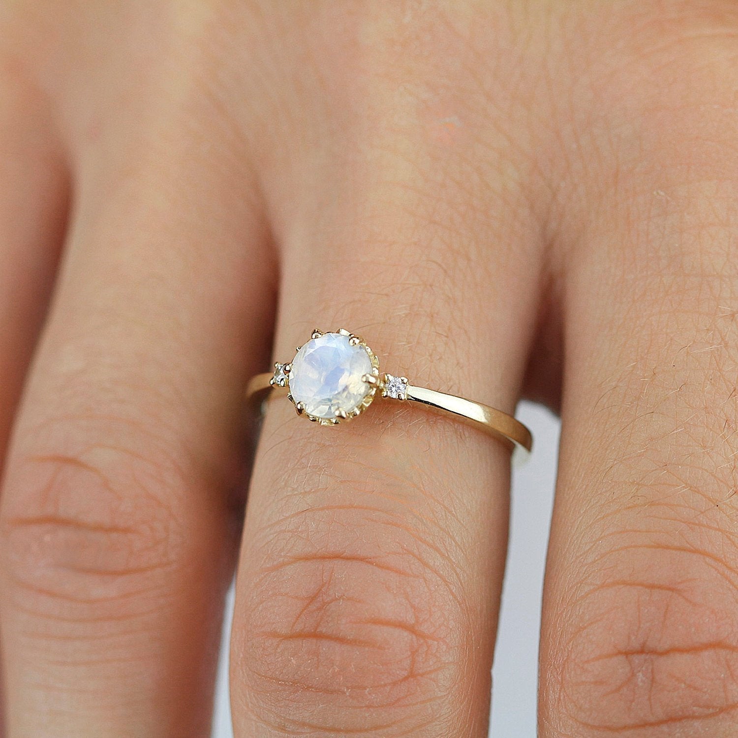 moonstone engagement ring three stones ring delicate engagement ring minimalist ring moonstone ring diamond ring unique engagement ring - NOOI JEWELRY