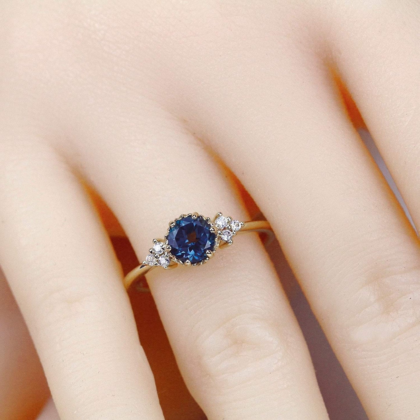 Delicate cluster engagement ring London Blue Topaz and diamonds - NOOI JEWELRY
