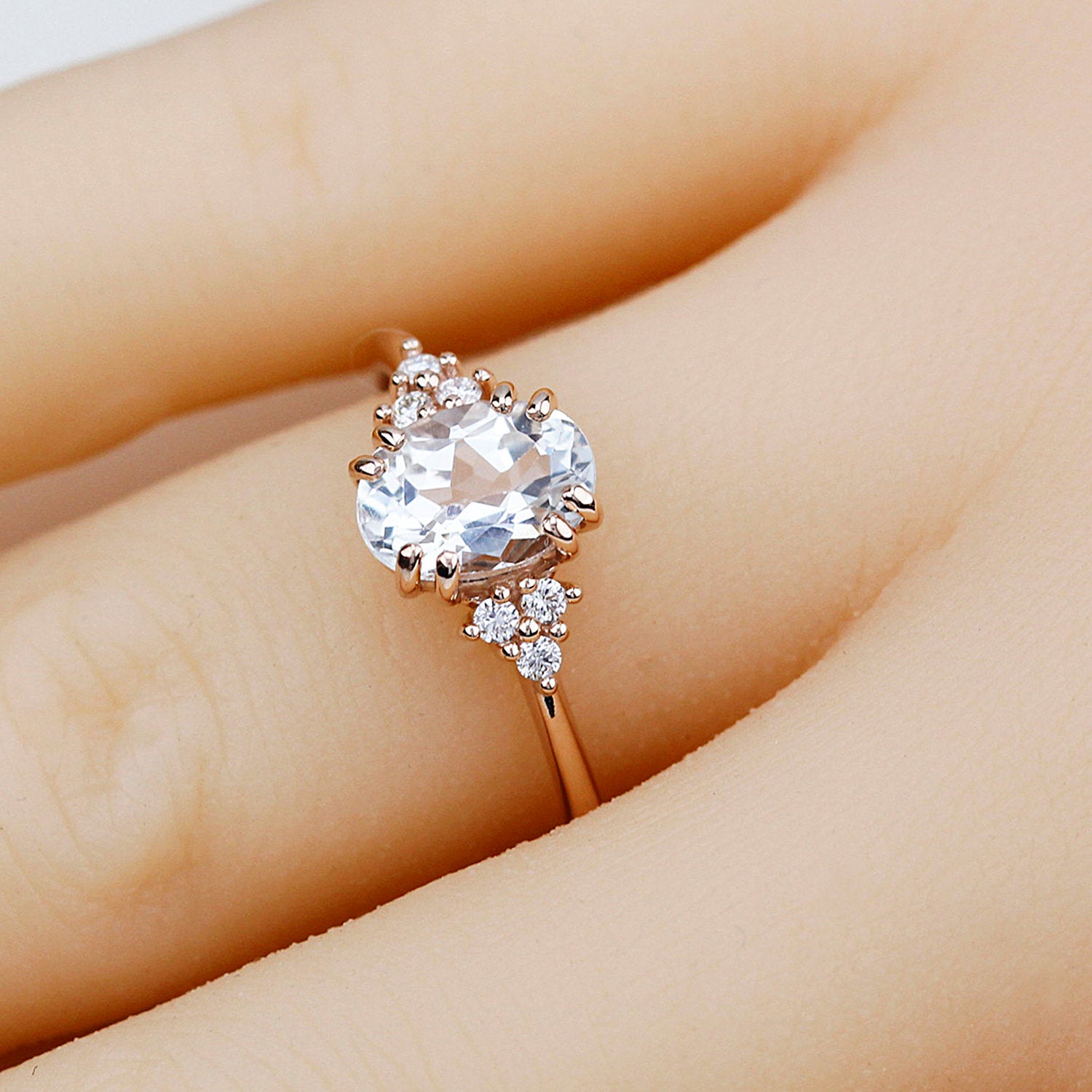 White topaz and diamond engagement ring, simple cluster ring rose gold - NOOI JEWELRY