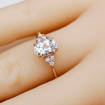 White topaz and diamond engagement ring, simple cluster ring rose gold - NOOI JEWELRY