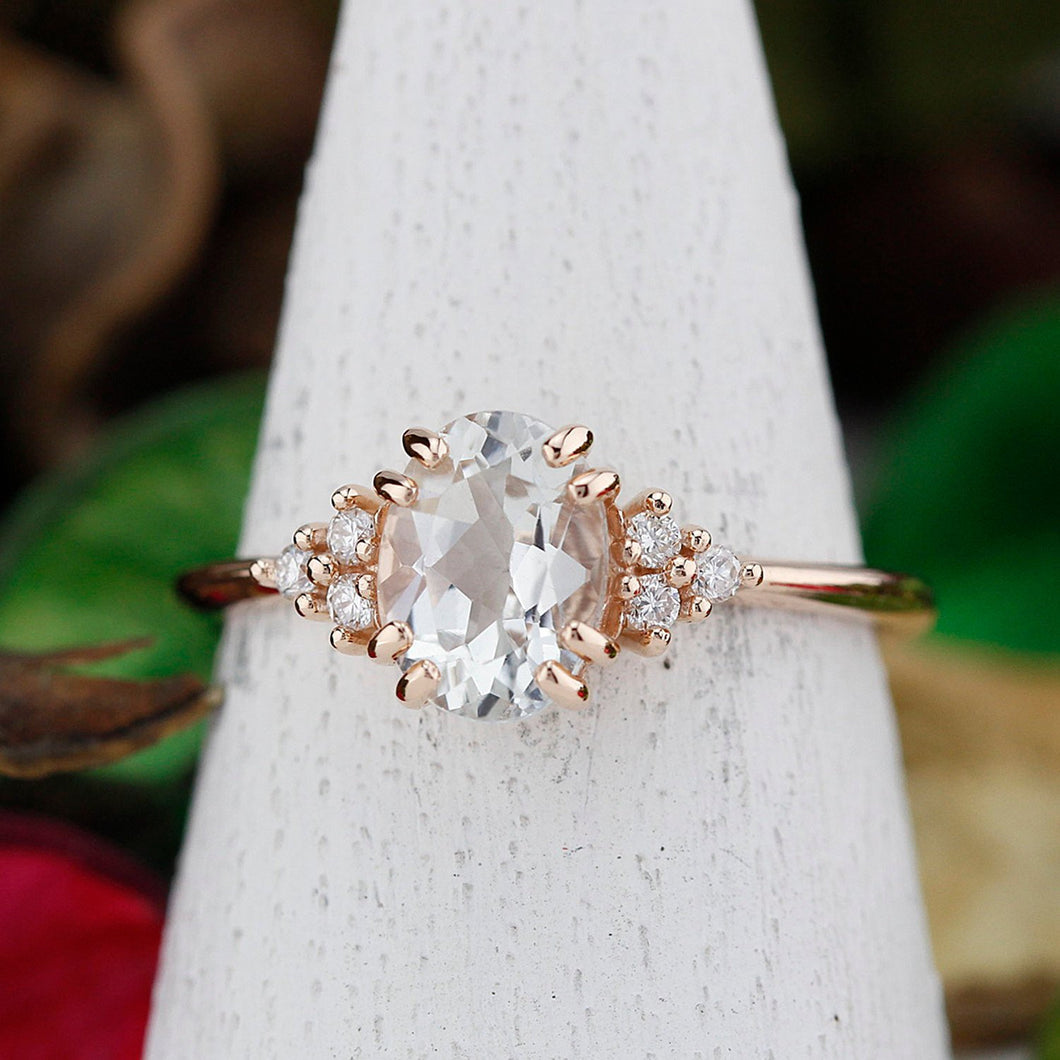 White topaz and diamond engagement ring, simple cluster ring rose gold - NOOI JEWELRY