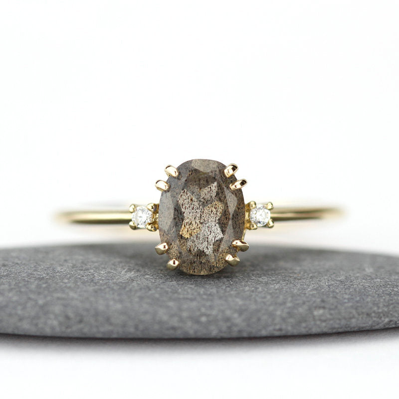 oval engagement ring labradorite with side stones unique - NOOI JEWELRY