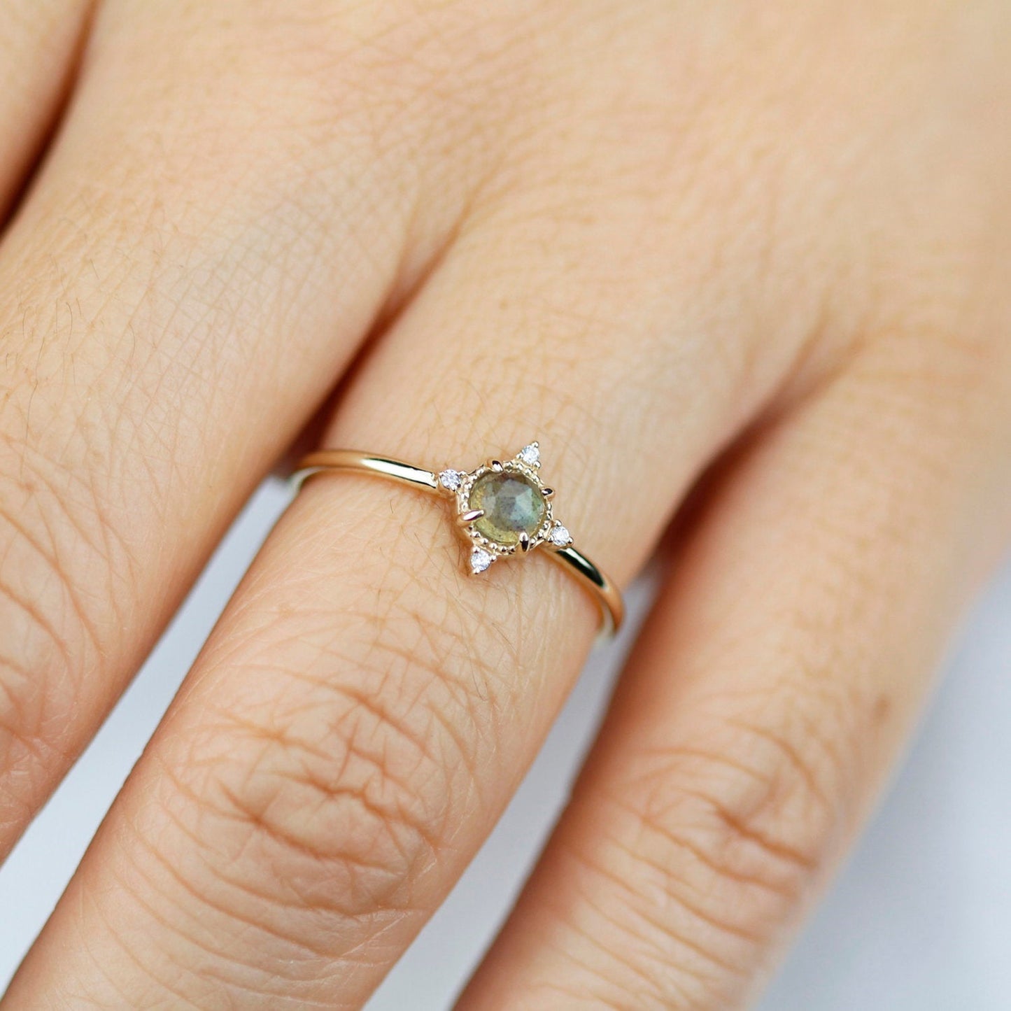 Rose cut labradorite and diamond engagement ring simple - NOOI JEWELRY