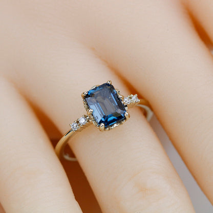 Emerald cut London blue topaz and diamond engagement ring - NOOI JEWELRY