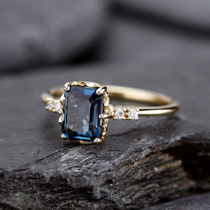 Emerald cut London blue topaz and diamond engagement ring - NOOI JEWELRY