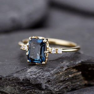 Emerald cut London blue topaz and diamond engagement ring - NOOI JEWELRY