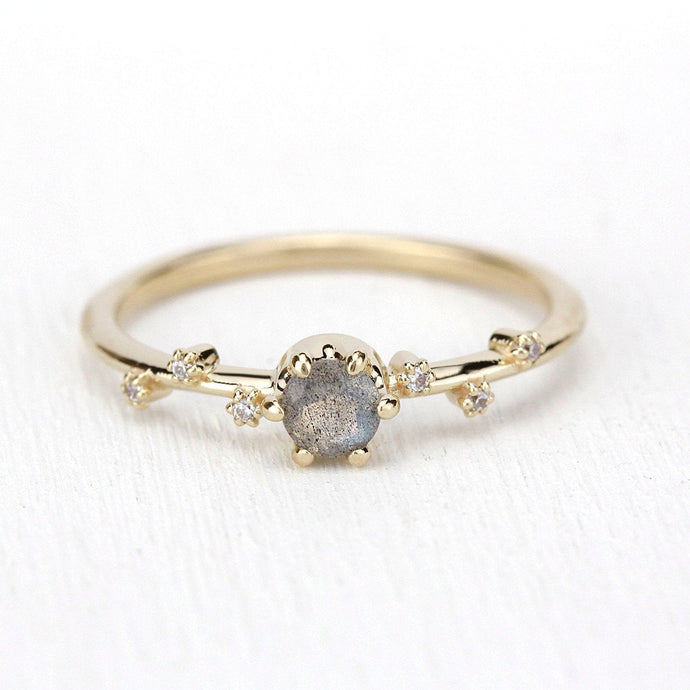 labradorite and diamond engagement ring, simple ring 18k gold - NOOI JEWELRY
