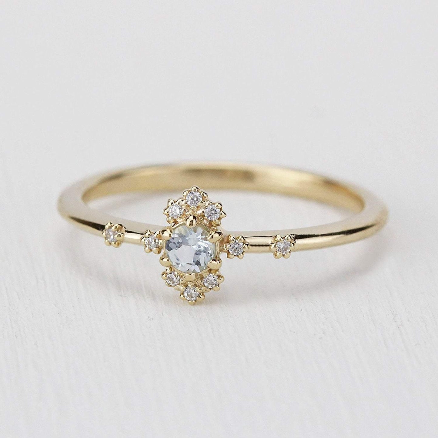 aquamarine engagement ring with diamonds,18k yellow gold - NOOI JEWELRY