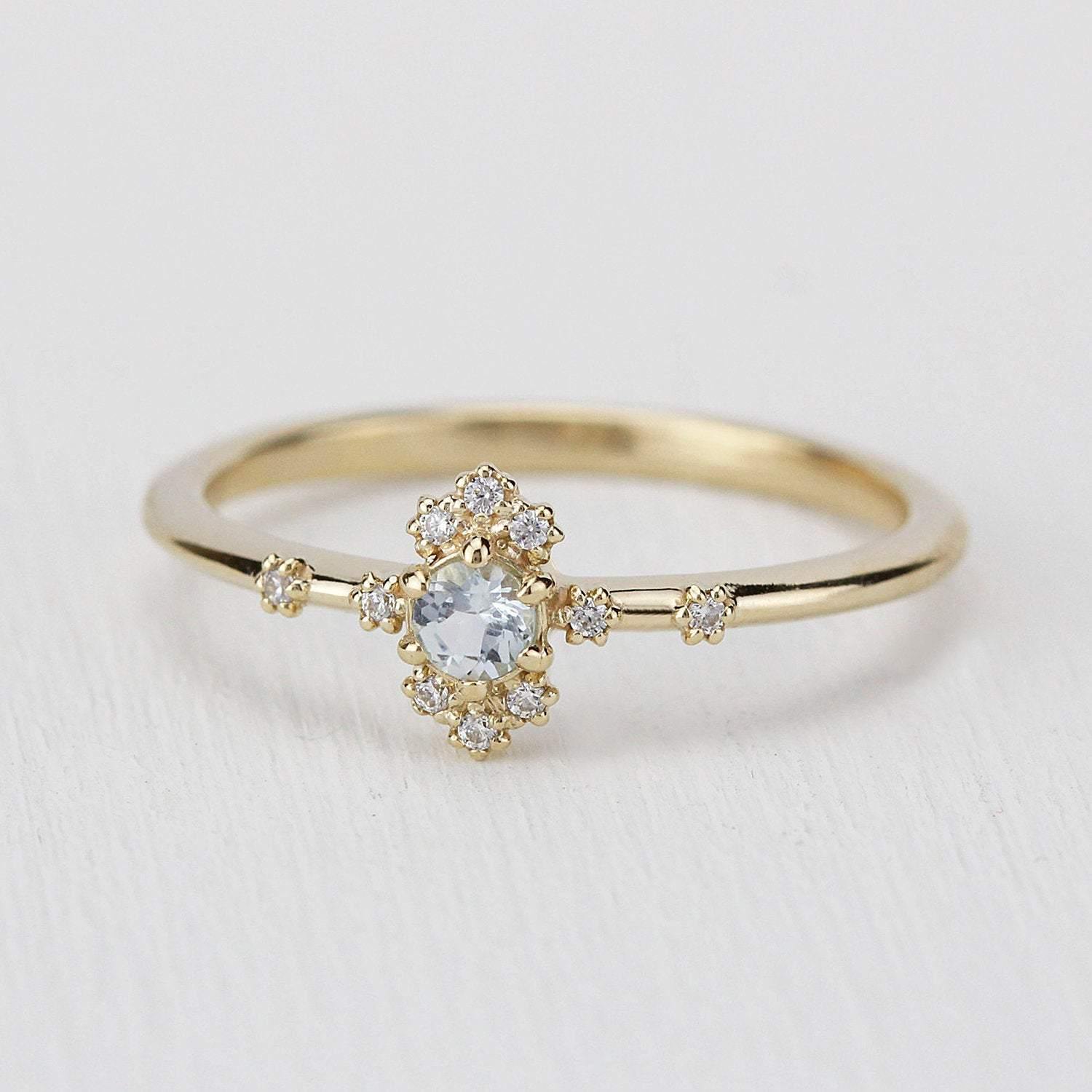 aquamarine engagement ring with diamonds,18k yellow gold - NOOI JEWELRY
